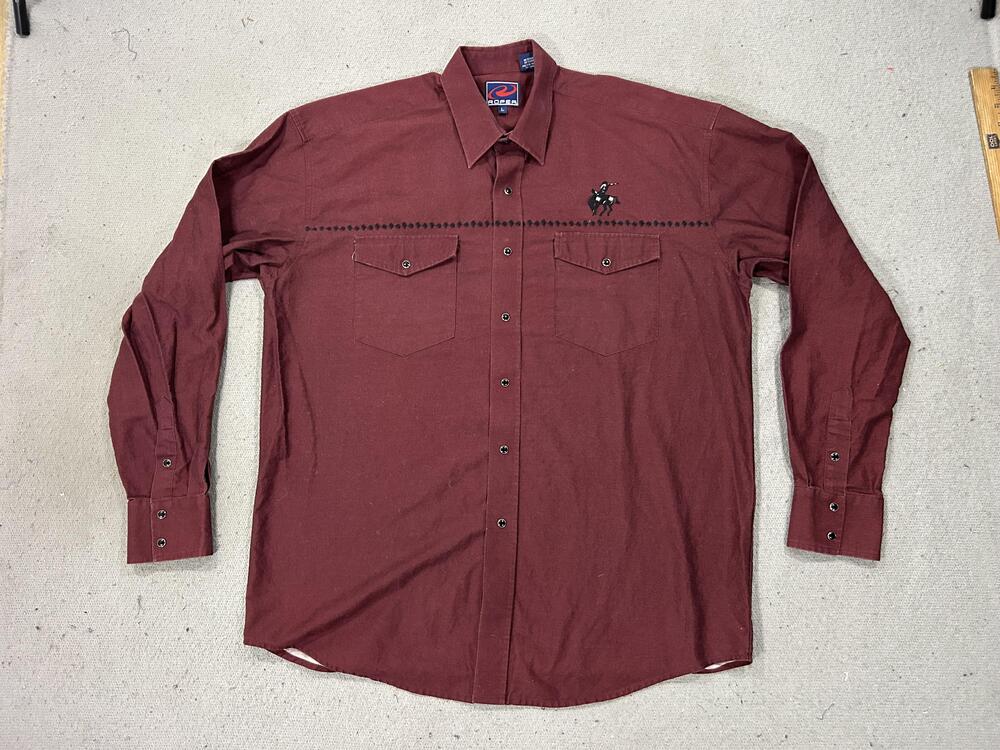 Roper Shirt Mens Large Maroon Western Cowboy Bronco Bull Riding Burgundy